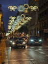 Barcelona, Ã¢â¬â¹Ã¢â¬â¹Spain. December 31, 2021. City street decorated with typical Christmas lights Royalty Free Stock Photo